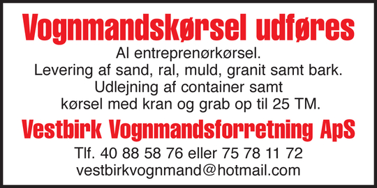 Annonce fra Vestbirk Vognmandsforretning